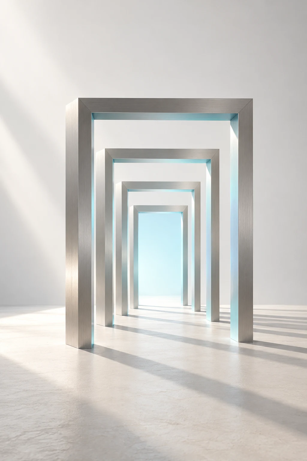 Portais de metal e luz ciano formando um caminho